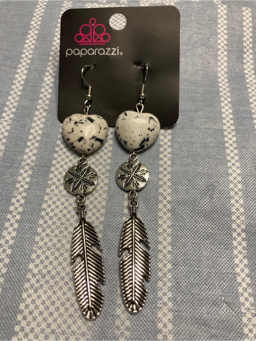 NWT Paparazzi drop earrings with black and white hearts and silver accents.